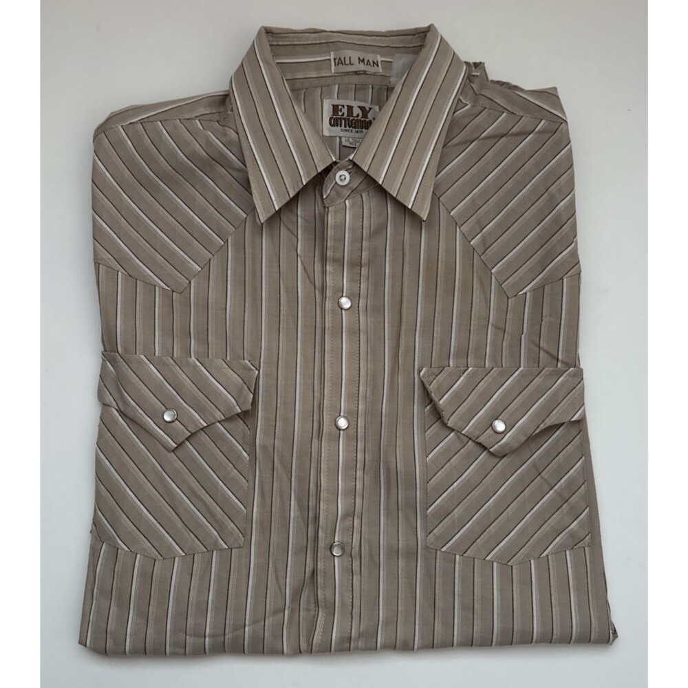 ELY CATTLEMAN Tall Man Tan Striped Shirt Pearl Snap Cowboy Western Large 16.5